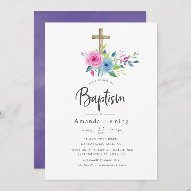 Ultra Violet Watercolor Floral Baptism Invitation (Front/Back)