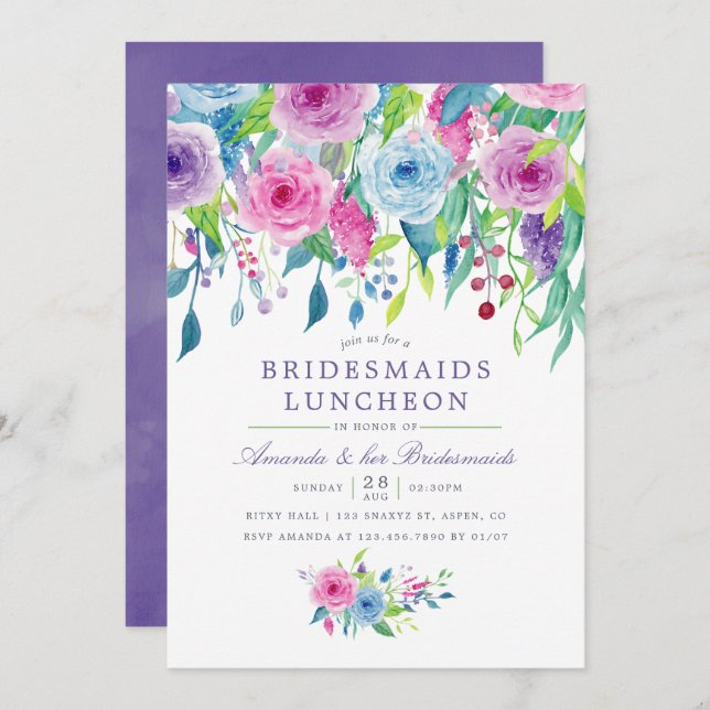 Ultra Violet Watercolor Floral Bridesmaid Luncheon Invitation (Front/Back)
