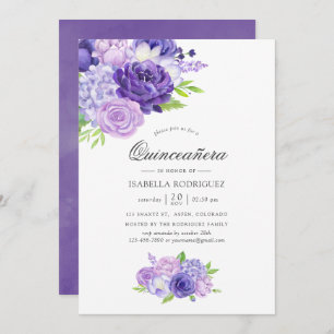 Ultra Violet Watercolor Floral Quinceañera Invitation