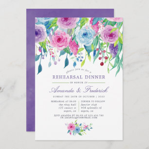 Ultra Violet Watercolor Floral Rehearsal Dinner Invitation