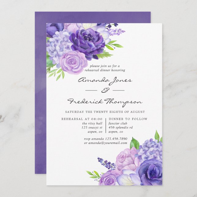 Ultra Violet Watercolor Floral Rehearsal Dinner Invitation (Front/Back)