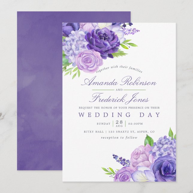 Ultra Violet Watercolor Floral Wedding Invitation (Front/Back)