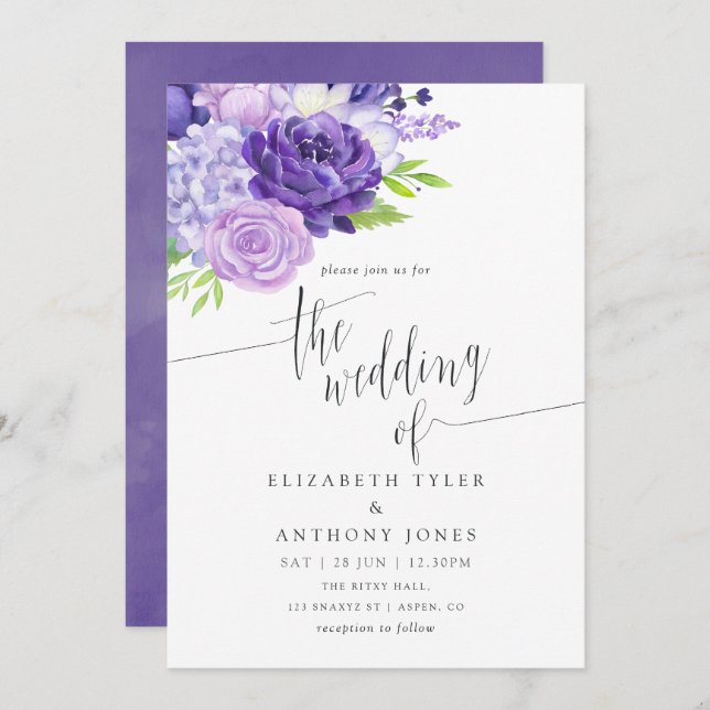 Ultra Violet Watercolor Floral Wedding Invitation (Front/Back)