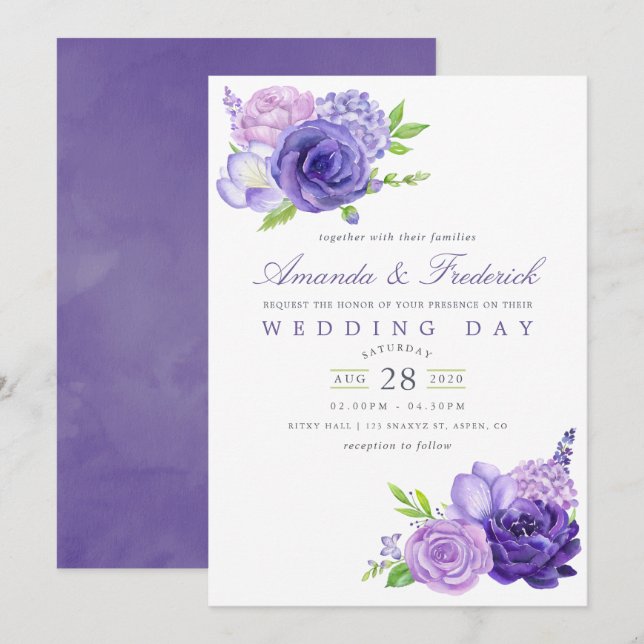 Ultra Violet Watercolor Floral Wedding Invitation (Front/Back)