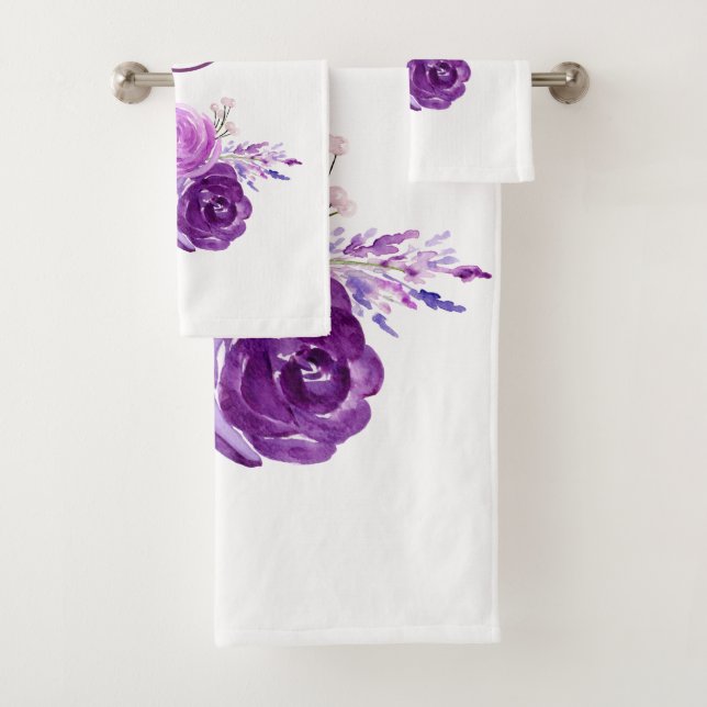 Ultra Violet Watercolor Flowers Bath Towel Set (Insitu)