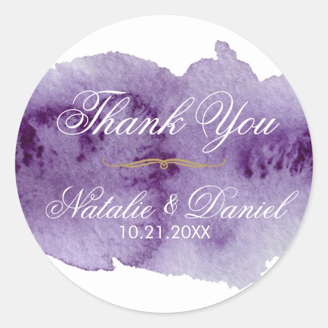 Ultra Violet Watercolor Wedding Thank You Classic Round Sticker (Front)