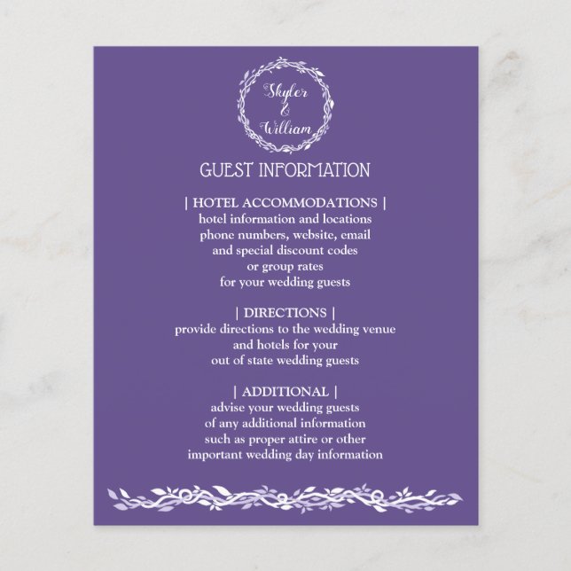 Ultra Violet Wedding Simple Guest Information Flyer (Front)