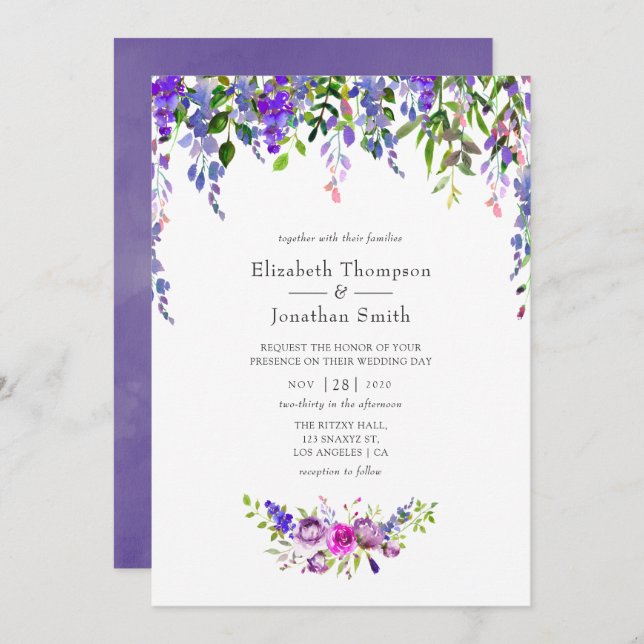 Ultra Violet Wedding Watercolor Floral Invitation (Front/Back)