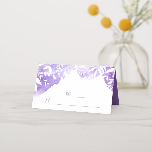Ultra Violet White Leaf Overlay Place Cards (Front)