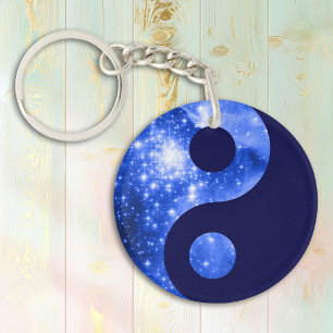 Ultramarine and Navy Blue Stars Yin Yang Symbol Key Ring
