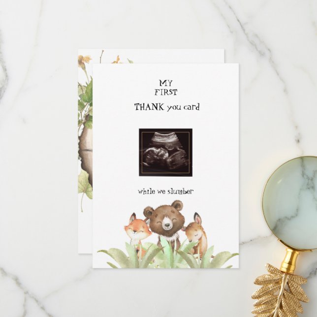 Ultrasound Baby Boy Funny Woodland  Thank You Card (Front/Back In Situ)