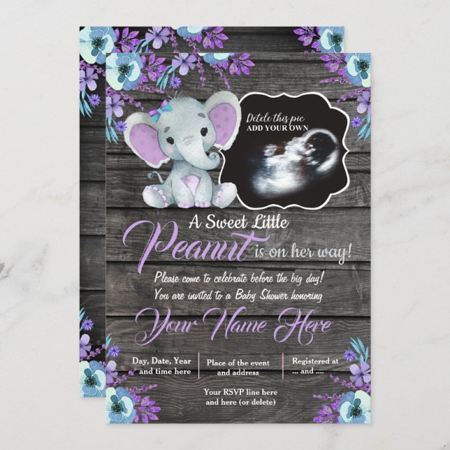 Ultrasound Elephant Baby Shower Invitation, rustic Invitation (Front/Back)