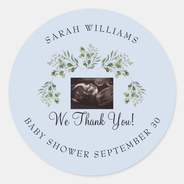  Ultrasound Photo Blue Baby Shower Thank You Classic Round Sticker (Front)