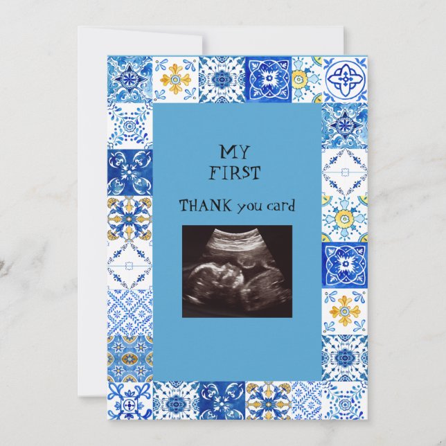 Ultrasound Photo Blue Tile Baby Thank You Funny Card (Front)