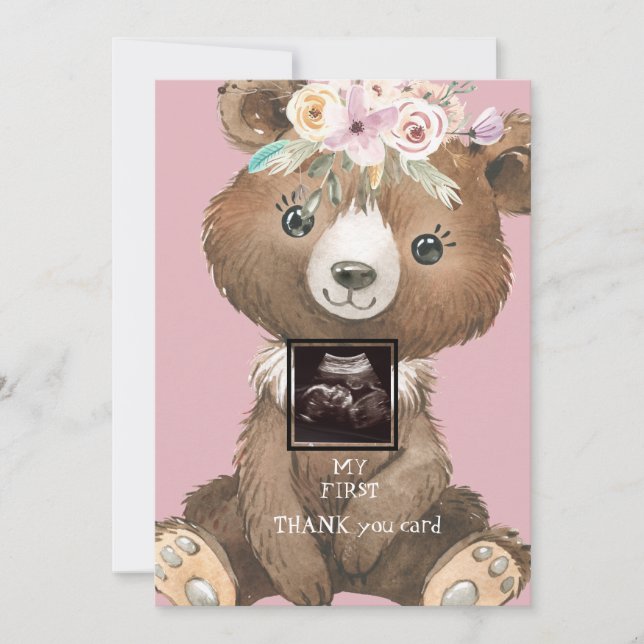 Ultrasound Photo Boho Bear Pink Funny Thank You Card (Front)