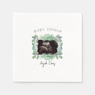Ultrasound Photo Greenery Neutral Baby Shower Napkin