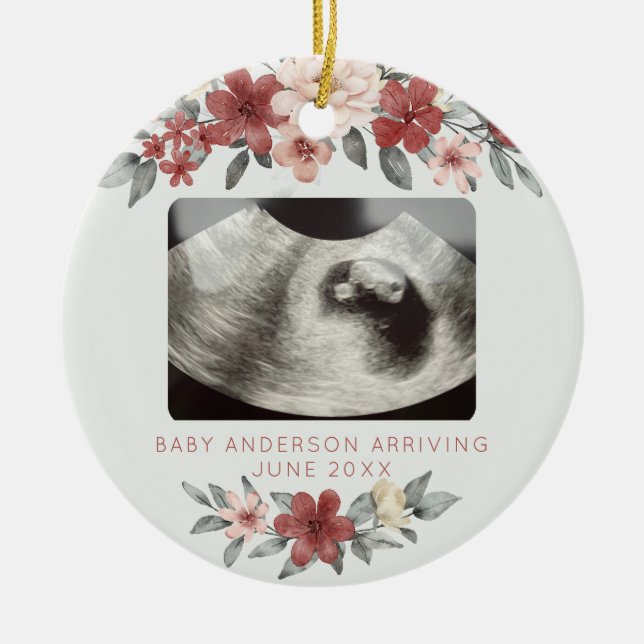 Ultrasound Pregnancy Announcement Keepsake Floral Ceramic Ornament (Front)