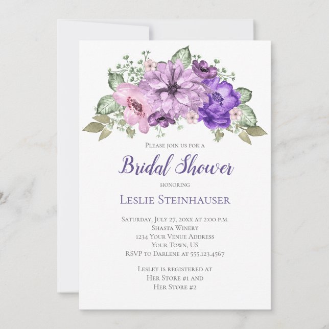 UltraViolet Purple Sage Green Floral Bridal Shower Invitation (Front)