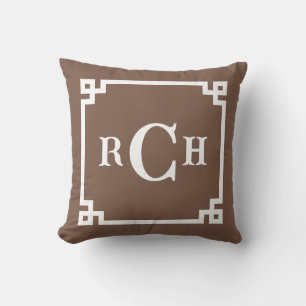 Umber Brown Reverse Chinoiserie Greek Key Monogram Cushion