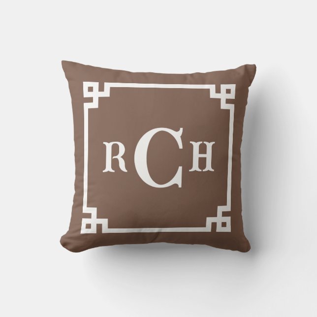 Umber Brown Reverse Chinoiserie Greek Key Monogram Cushion (Front)
