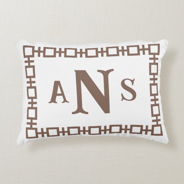 Umber Brown Square Greek Key Monogram Decorative Cushion (Front)