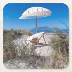 Umbrella And Chair On Beach Square Paper Coaster