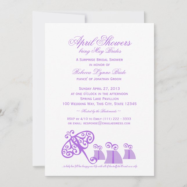 Umbrella and Gifts Violet Bridal Shower Invitation (Front)