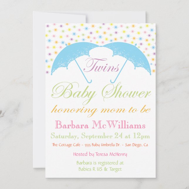 Umbrella Baby Boy Twins Shower Invitations (Front)
