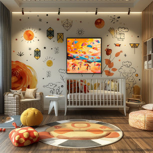 Umbrella Beach: Folk and Naive Colorful Landscape Poster