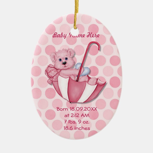Umbrella Bear - Pink - Personalise Ceramic Ornament (Front)