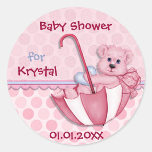Umbrella Bear Pink Polka Dot Baby Shower Classic Round Sticker