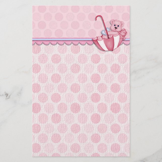 Umbrella Bear Pink Polka Dots Baby Stationery (Front)