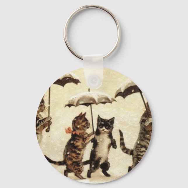 Umbrella Cat Parade Cat Artwork by Louis Wain Key Ring (Front)