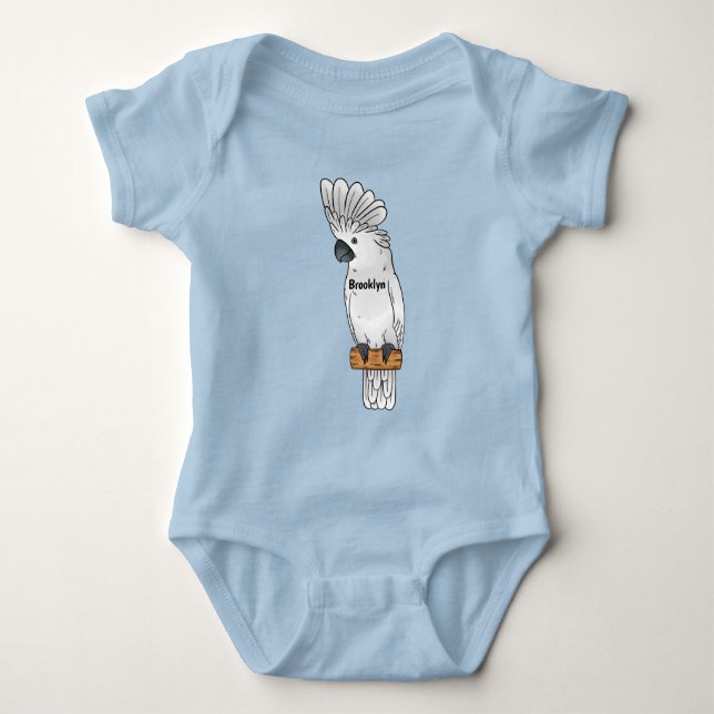 Umbrella cockatoo bird cartoon illustration  baby bodysuit (Front)