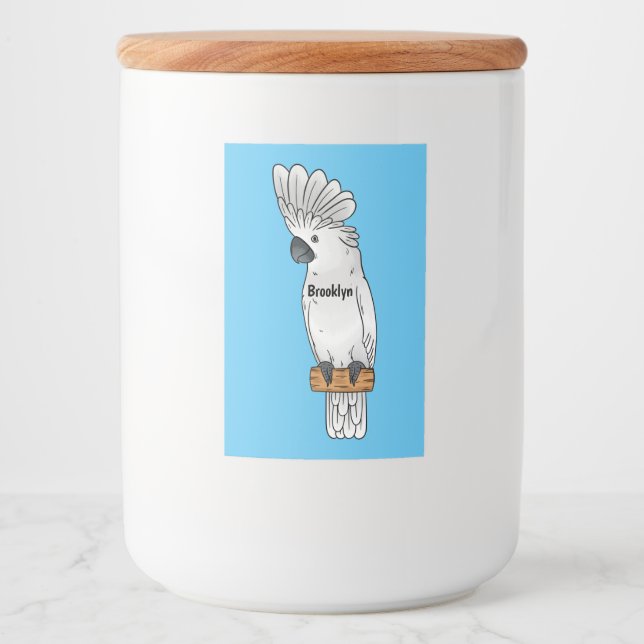 Umbrella cockatoo bird cartoon illustration food label (Front)