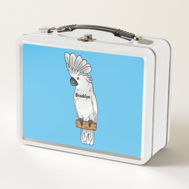 Umbrella cockatoo bird cartoon illustration metal lunch box (Front)