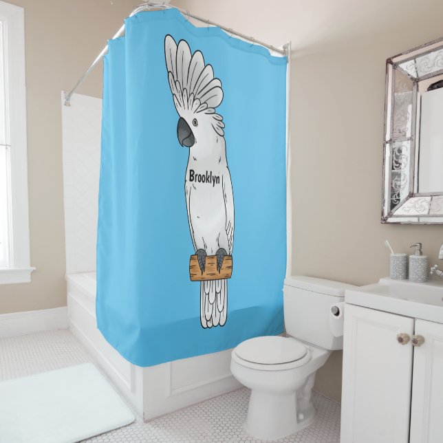 Umbrella cockatoo bird cartoon illustration  shower curtain (In Situ)