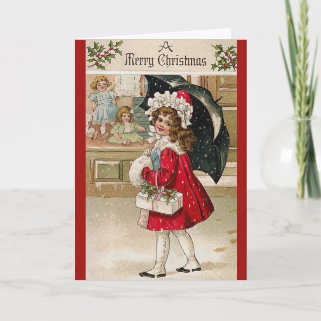 Umbrella Girl Vintage Christmas Card (Front)