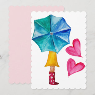 Umbrella Girl Watercolor Hearts Holiday Card