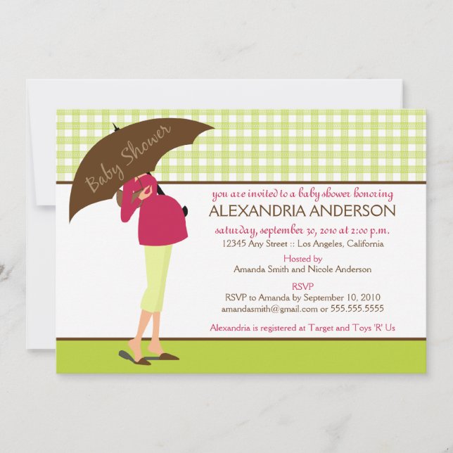 Umbrella Mummy Gingham Baby Shower Invite (lime) (Front)