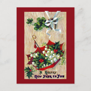 Umbrella of Flowers Vintage New Year Holiday Postcard