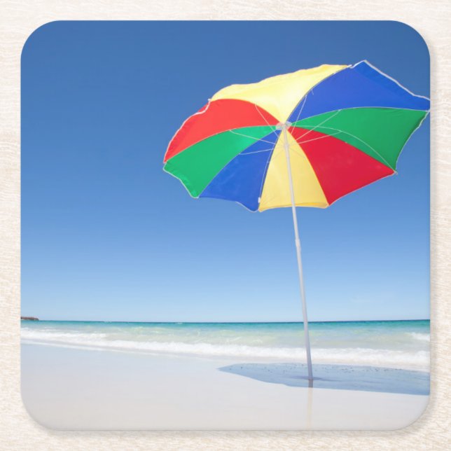Umbrella On Beach | Australia Square Paper Coaster (Front)