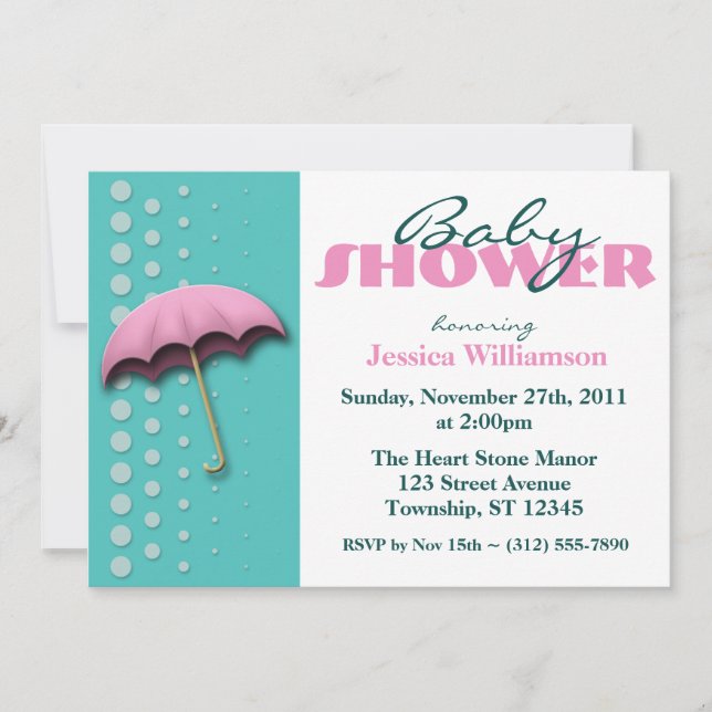 Umbrella Pink & Teal Baby Shower Invitations (Front)