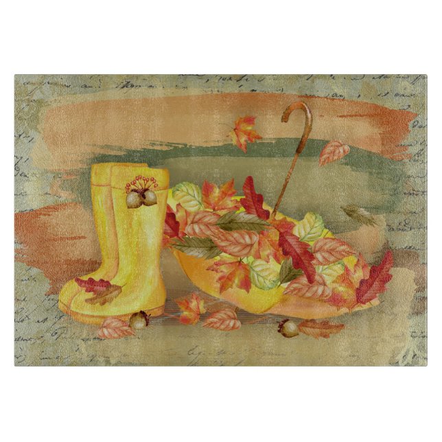 Umbrella, Rain Boots With Orange Leaves Fall Cutting Board (Front)