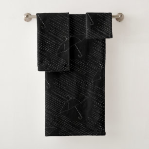 Umbrella Rain Faux Embroidery Stitches Black Bath Towel Set