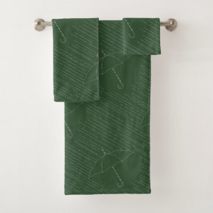 Umbrella Rain Faux Embroidery Stitches Green Bath Towel Set