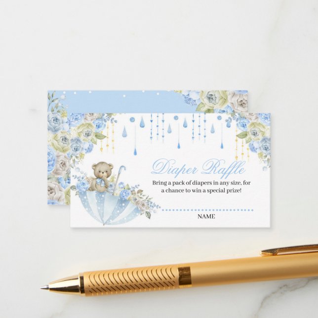 Umbrella Sprinkle Baby Teddy Bear Diaper Raffle Enclosure Card (Front/Back In Situ)