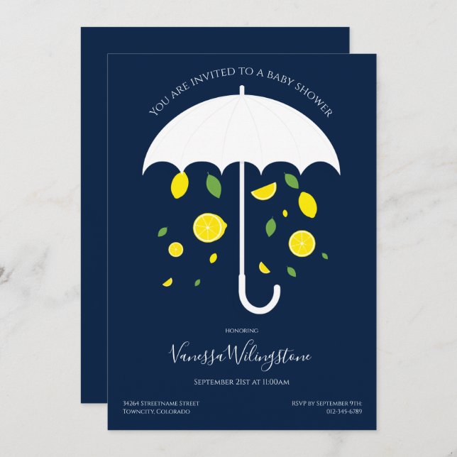 Umbrella White Blue Lemons Baby Shower Invitation (Front/Back)