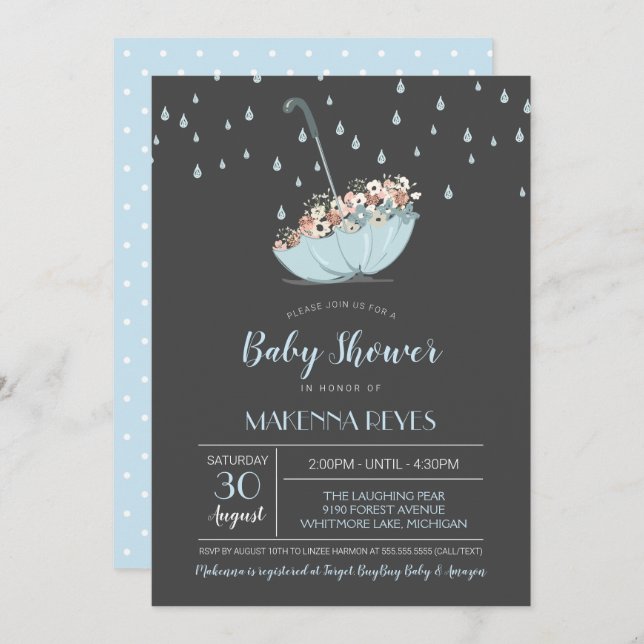 Umbrella with Flowers Boy or Neutral Baby Shower Invitation (Front/Back)