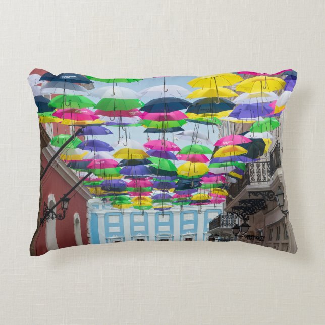 Umbrellas Above San Juan Streets and Mansion Decorative Cushion (Front)